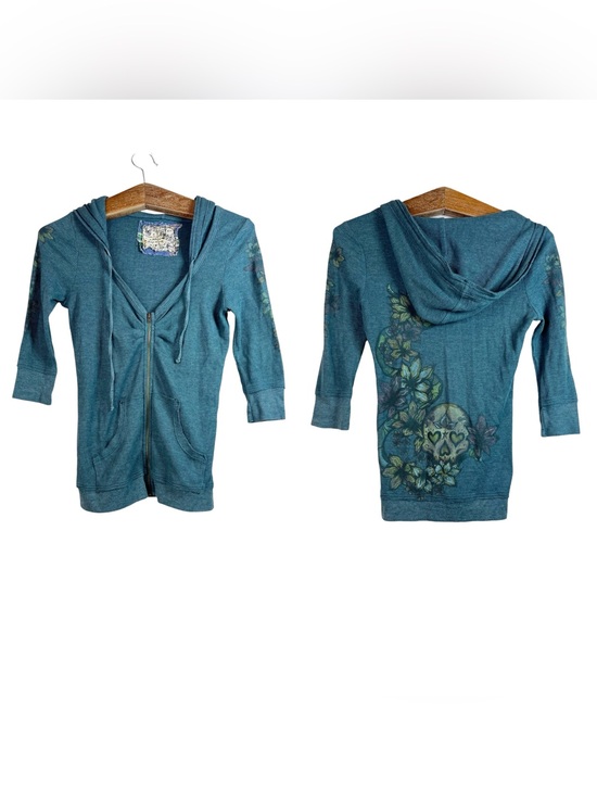 Scrapbook Tops - Scrapbook Green Teal Thermal Skull Floral 3/4 Sleeve Sweater Size M Y2K Grunge